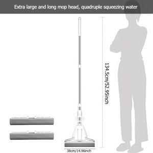 TEMU 2-in-1 쿼드러플 물빠짐 걸레 세트, 건식 및 습식용 2개의 흡수 헤드 포함, 효율적인 스테인리스 스틸 손잡이 – 마당, 거실, 침실, 수영장에 이상적. 필수 가정용품 또는 할로윈/크리스마스 선물|물걸레청소기