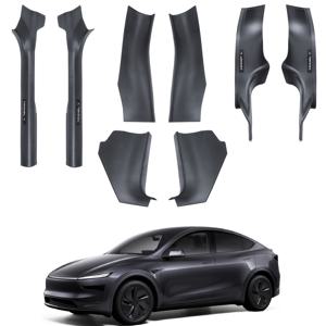 TEMU 테슬라 모델 Y 준파이어 2025 2026용 자동차 도어 보호대 8개 세트, 모델 Y 내부 액세서리용 카본 파이버 패턴 저항성 도어 실 프로텍터 입구 경계 스트립 페달 킥 보호