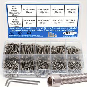 TEMU 600개 스테인리스 육각 너트 및 볼트 세트 - M2, M3, 컵 헤드 육각 나사 - 평 와셔 및 렌치 포함
