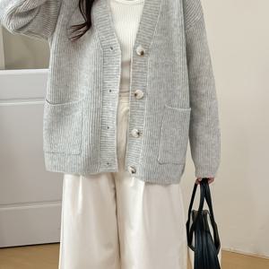 TEMU 2025 신상 여성 가디건, 가을/겨울 코트 패션 루즈 V넥 레이지 스타일 캐주얼 부드러운 피부 친화적 소재 다용도 아우터웨어 그레이 버튼 오픈 프론트