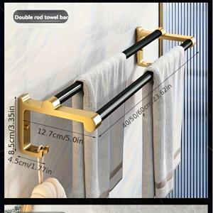 TEMU 1개 모던 알루미늄 더블 타월 바, 블랙 & 골드 욕실 선반, 드릴 설치 공간 절약형 듀얼 로드 홀더, 홈 & 샤워용|샤워타올