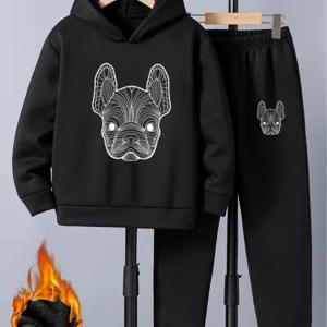 TEMU 2pcs 남아용 프렌치 불독 프린트 후드 스웨트셔츠 & 조거 팬츠 세트 | 플리스 안감, 신축성 있는 원단으로 따뜻한 겨울 의류, 야외 활동, 헬스장 및 일상복에 적합, 세탁기 사용 가능, 편안한 후드티 및 조거 팬츠
