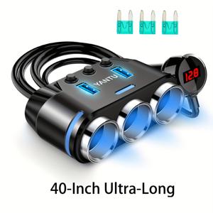 TEMU YANTU 헤비듀티 차량용 라이터 스플리터 (전압 감지기 & 독립 스위치 포함), 듀얼 USB QC/PD 고속 충전기, 퓨즈 & 미니 USB-LED 소켓 플러그, 12V 차량용 콘센트 연장 코드 (스마트폰 호환)