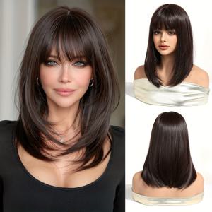 TEMU 14인치 적갈색 헤어 앞머리 있는 여성용 다듬을 수 있는 가발, 일상 업무, 음악 축제, 할로윈 등에 적합, 합성 고온 섬유 로즈 네트 두피 가발, 손쉽게 연휴 스타일 연출