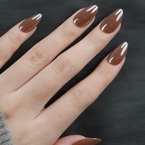 TEMU 갈색 금속 전기도금 광택 프레스온 네일 30pcs 숏 아몬드형 재사용 가능한 인조 네일, 네일 파일 1개 & 젤리 접착제 1개 포함