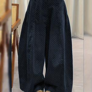 TEMU 링산 신상 코듀로이 도트 프린트 루즈핏 슬림핏 플레어 소프트 하이웨이스트 스트레치 와이드 레그 팬츠 여성용, 데일리 커뮤트 캐주얼 웨어, 사계절용|냉장고바지|바지|여름바지