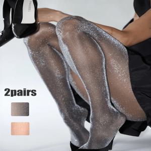 TEMU 2팩 시어 쉬머 타이츠 | 여성용 얇고 반짝이는 양말, 그레이 & 누드 색상, 패브릭
