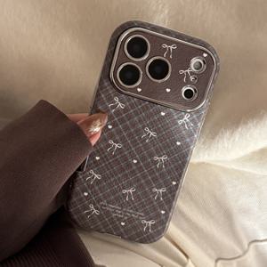 TEMU 아이폰 17 프로 맥스, 아이폰 16, 빈티지 13, 아이폰 12/11/14용 가죽 텍스처 체크무늬 리본 풀 커버 케이스, 안티드롭, 소프트 케이스