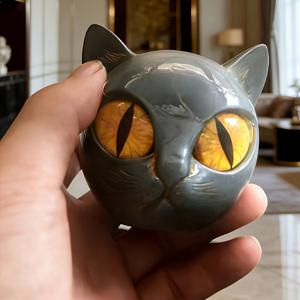 TEMU 손으로 연마한 흑요석-레진 고양이 조각상, 리얼리스틱 태비 고양이 눈 & 대리석 받침대 - 고양이 애호가를 위한 독특한 수집품 선물, 사무실/책장 장식 - 유일무이한 손으로 연마한 조각상 (레진)