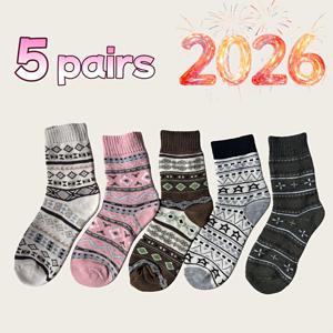 TEMU 여성용 가을-겨울 두꺼운 빈티지 패턴 양말 5켤레 | 중간 길이의 따뜻함 및 방한 기능, 원단, 기하학적 패턴