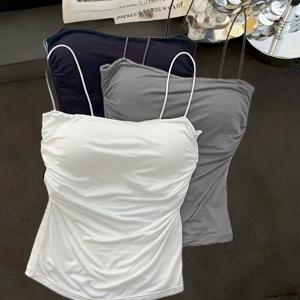 TEMU 여성용 우아한 민소매 로우넥 블라우스 3pcs - 미디엄 스트레치 솔리드 컬러와 허리 주름 디자인, 봄 여름 아웃핏을 위한 모든 민소매 셔츠, 캐주얼 & 드레시 웨어 (손세탁 가능)