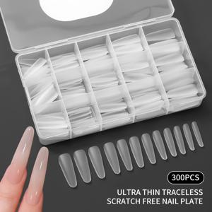 TEMU 300개 재사용 가능한 타원형 아크릴 네일 폼, 투명 인조 네일 아트 몰드, 길이 스케일이 있는 긴 타원형 네일 익스텐션 폼, 무광 엔드, 부드러운 PP 소재, 양면 사포 디자인, 자연스러운 곡선, 안정적인 착용감, 여성 네일 아트에 적합|네일팁