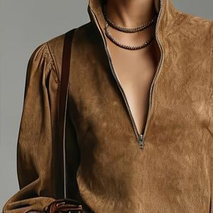 TEMU 우아한 여성용 루즈핏 딥 브라운 벨벳 튜닉 드레스, 하이넥 및 긴 랜턴 소매 | 지퍼 디테일, 단색, 올 시즌 착용