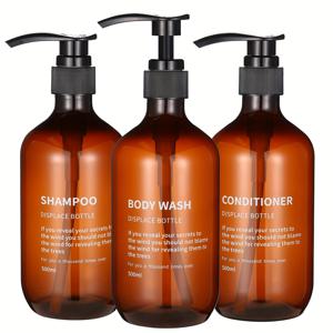 TEMU 앰버 샴푸 및 컨디셔너 디스펜서 세트, 3개입 500ml/16oz 샤워 비누 디스펜서, 방수 인쇄 라벨 포함, 재사용 가능한 샴푸 컨디셔너 바디워시 디스펜서 펌프병, 욕실용