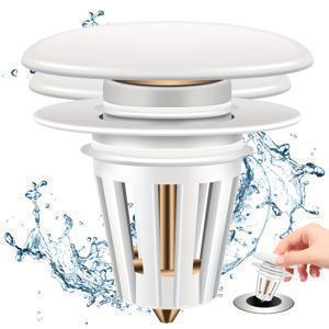 TEMU 신형 팝업 싱크대 배수구, 세라믹 푸시다운 팝퍼, 화이트, 이물질 필터링, 플러그 앤 플레이, 빠른 배수, 내구성