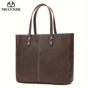 TEMU NIUCUNZH 남성용 빈티지 가죽 토트 백, 최상층 소가죽, 대용량 어깨 가방, 외출용, 서류 가방 스타일 핸드백, 관리 불필요