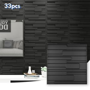 TEMU 33pcs 3D PVC 벽 패널, 방수 및 내화성, 홈 데코, 거실, 침실, TV 벽, 미디어 룸, 주방 백스플래시용 검정 텍스처 타일입니다.