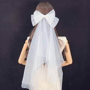 TEMU 눈부신 장식이 있는 우아한 화이트 리본 투일 베일 - 폴리에스터 및 나일론 블렌드, 결혼식, 미혼 여성을 위한 파티, 정장 행사에 완벽한, 미혼 여성을 위한 파티 액세서리|우아한 리본 디자인|세부 장식, 웨딩 베일