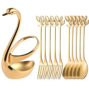 TEMU 11pcs 우아한 금색 오리 베이스 커팅기 세트, 스테인레스 스틸 잎 모양 커피 포크 및 스푼, 견고한 베이스, 과일, 케이크 및 디저트용으로 사용할 수 있는 거울 폴리싱 마무리