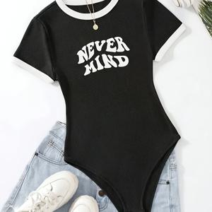 TEMU 레터 프린트 컬러 블록 바디수트