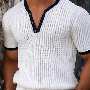 TEMU 남성 와플 V넥 버튼 장식 반팔 티셔츠 캐주얼 상의