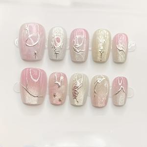 TEMU 세련된 핑크 옴브레 고양이 눈 프레스온 네일 10개 세트, 3D 골드 디테일 - 반짝이는 짧은 타원형 디자인, 간편한 부착식 탈착식 네일 아트 스티커로 트렌디한 외관 연출, 귀여운 네일