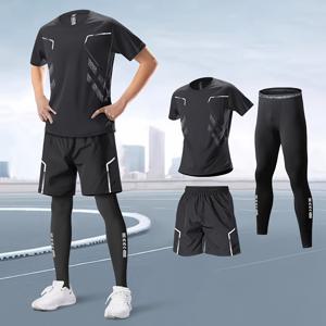 TEMU 남성용 스포츠웨어 세트 (속건성 기능 포함), 통기성 좋은 반팔 티셔츠, 루즈핏 드로스트링 포켓 반바지, 레깅스 포함. 야외 러닝, 피트니스, 농구, 트레이닝에 적합. 봄 신상 선물로 좋습니다.|남성반바지