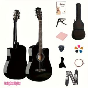 TEMU 38인치 베이스우드 어쿠스틱 기타 세트 | 고품질, 선호 재료, ABS 너트, 18 프렛, 기타 가방, 조절 가능한 스트랩, 교체 스트링, 가르침 책, 카포, 피크 포함 - 초보자부터 전문가까지 적합, 이상적인 선물 선택