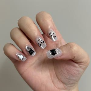 TEMU 30개입 짧은 사각 귀여운 검은 고양이 반짝이는 고양이 눈 짧은 네일 팁 세트, 여성용 및 일상복으로 적합, 이미지를 향상, 파일 및 젤리 글루 포함