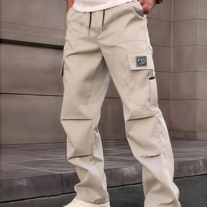 TEMU 남성용 스타일리시 카고 바지, 루즈핏 디자인, 다기능 레터 패치, 다양한 포켓, 드로스트링 허리 라인, 봄/가을 캐주얼 외출에 적합