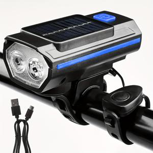 TEMU 자전거 전조등, 방수 태양광 헤드라이트, 듀얼 충전 모드, 고음량 경적, USB 휴대용 충전
