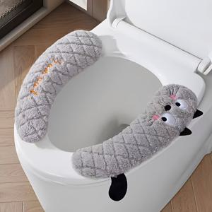 TEMU 사계절용 캐릭터 화장실 스티커, 가정용 화장실 스티커, 접착식 변기 커버, 두꺼운 플러시 핸들 변기 쿠션|변기커버