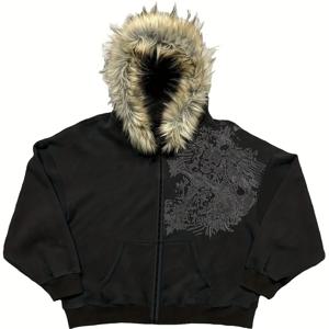 TEMU Y2K 스트리트웨어 레트로 따뜻한 카디건 남녀 공용, 루즈핏 후드 스웨트셔츠, 스타일리시한 겨울 기모 안감 후드티, 해골 프린트 및 지퍼|가디건