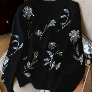 TEMU 플러스 사이즈 - 플러스 사이즈 - 여성용 우아한 플로럴 스웨터 - 반짝이는 글리터 장식, 따뜻한 가을/겨울용 풀오버, 데일리 & 포멀룩, 부드럽고 신축성 있는 원단, 여성용 크루넥 스웨터, 겨울 의류, 스타일리시 니트, 패션 애호가