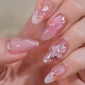 TEMU 24개 중국식 아몬드형 손톱 - 중간 길이 프레스 네일, 3종 아이스 플라워 & 광택 젤 폴리쉬 포함, 손발용 꽃 네일, 탈착식 네일 패치