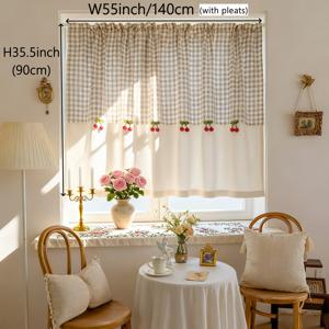 TEMU KMSG 1 패널 베이지 체크 반차광 커튼 발란스 - 체리 폼폼 트림, 러스틱 팜하우스 크로스위브 티어 창문, 로드 포켓 탑, 주방, 거실, 발코니용 (저철분 관리, 프라이버시 패널)