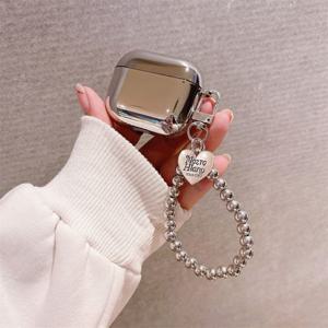 TEMU 전기 도금 솔리드 실버 이어폰 케이스, 손목 밴드 분실 방지 쉘, 하트 펜던트 이어폰 커버, 에어팟 1/2/3/4/Pro 이어폰 가방에 적합