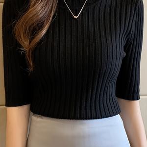 TEMU 여성용 우아한 리브 니트 티셔츠, 폴리에스터 100% 스커트 핏 반팔 상의, 솔리드 크루 넥 니트 풀로버, 모든 계절에 편안한 스트레치 티셔츠, 플리츠 헴, 350g/m² 재질 무게