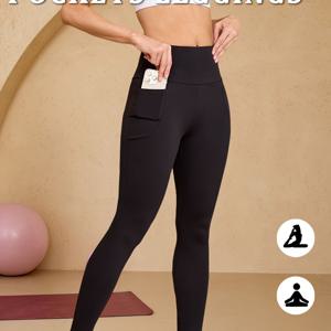 TEMU 부드러운 촉감의 여성용 포켓 레깅스, 하이웨이스트 터미 컨트롤 운동 요가 야외 러닝 팬츠 레깅스