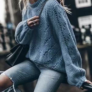 TEMU 여성용 캐주얼 두꺼운 스웨터 - 부드러운 블루 라운드 넥 풀오버, 기계 세탁 가능한 가을 겨울 레이어링 필수품, 일상 편안 착용, 릴랙스 핏, 내구성 있는 겨울 의류