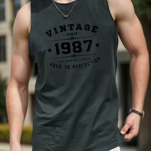 TEMU 남성용 빈티지 1987 스탠다드 사이즈 조끼 - 캐주얼 라운드넥 여름용 민소매 탑, 레트로 80년대 스타일, 80년대 테마 파티 & 캐주얼 복장용 세탁기 사용 가능 - 향수를 불러일으키는 1987년 의류