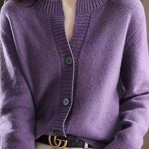 TEMU 여성용 니트 카디건 - 단색, 올해, 라운드 넥, 비스코스 소재, 디테일 없음