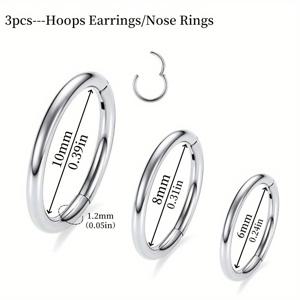 TEMU 3개 16G 여성 스테인리스 스틸 힌지 세그먼트 후프 귀걸이, 심리스 코밭고리, 중간막 입술고리, 연골 헬릭스, 트라구스 슬리퍼 귀걸이 선물 주얼리 6/8/10mm