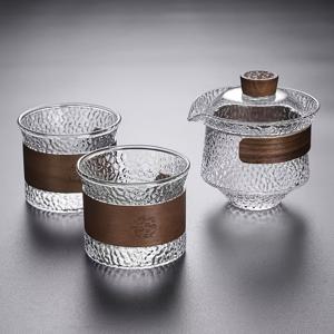 TEMU 열 저항 나무 망치 패턴이 있는 찻주전자 1개와 컵 2개 세트, 스타일리시한 망치 장식 뚜껑 볼과 컵 세트