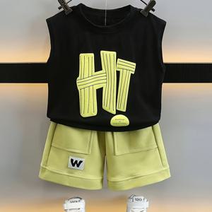 TEMU 남아용 반팔 티셔츠와 민소매 조끼 투피스 세트. 여름철 아웃도어 활동에 적합한 아이들 여름옷으로 완벽합니다.|나시티|민소매