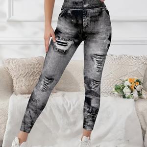 TEMU 여성용 스트레치 캐주얼 레깅스 올오버 디지털 프린트 - 하이웨이스트 슬림핏 바지 봄 여름 가을용, 세탁기 사용 가능 비침 방지 운동복 및 캐주얼 의상, 계절 패션 | 비투명 원단