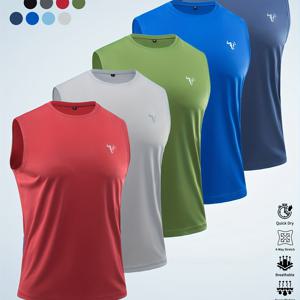 TEMU 와웰 남성용 퀵드라이 민소매 아웃도어 조끼 5개 세트 - 통기성 멀티 스포츠 셔츠, 솔리드 컬러 헬스 & 트레이닝웨어, 하이킹, 러닝, 사이클링, 낚시용 - 가벼운 여름 액티브웨어 (세탁기 사용 가능, 대량 패키지) 파티용