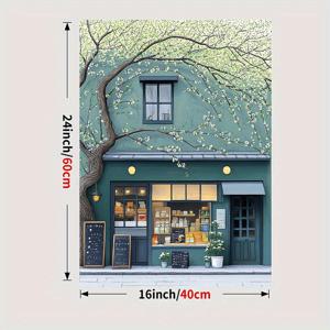 TEMU [2D 플랫] 아늑한 거리 쪽 상점 캔버스 아트 프린트 - 초록색 건물 & 꽃 피는 나무가 있는 프레임리스 벽 장식, 집 & 축제 장식에 완벽, 축제 벽 장식 | 생동감 있는 거리 장면 | 프레임리스 캔버스, 벽 장식
