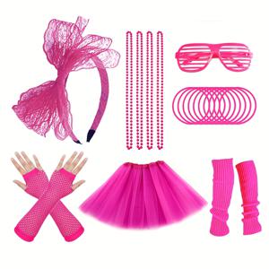 TEMU D EXCEED 80년대 테마 코스튬 컬렉션 10종 세트 (튜투 스커트, 레이스 리본 머리띠, 목걸이, 팔찌, 장갑, 레그 워머 포함), 여성 파티 및 할로윈에 적합