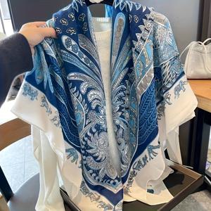 TEMU 여성을 위한 로열 블루 깃털 모양 스카프 - 섬세한 플로럴 프린트가 있는 다용도 통기성 숄, 봄과 여름에 필수템, 에어컨 커버 또는 목 액세서리として도 사용 가능